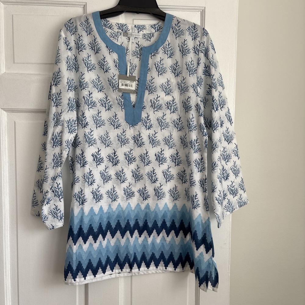 Pomegranate Inc Mavis Exuma Ocean Blue Coral Cotton Tunic Top Women Large NWT